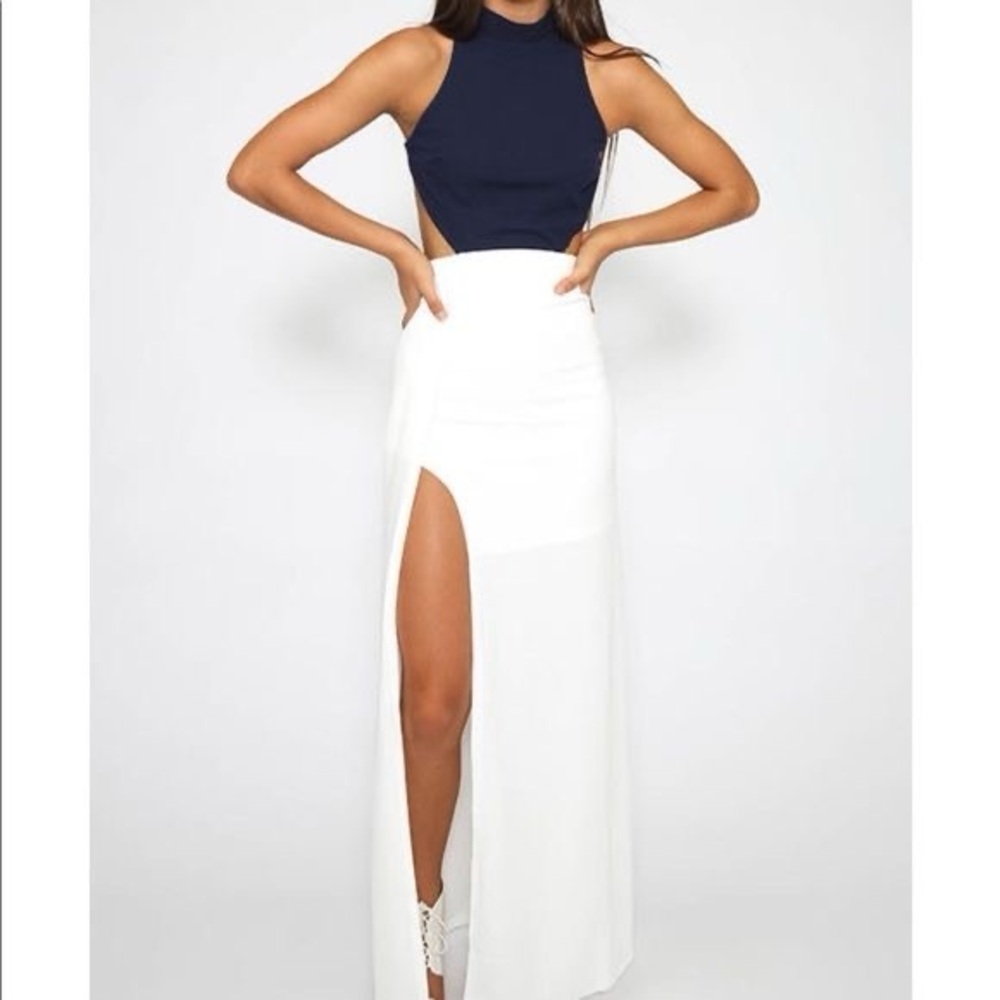 White Fox White+Navy High Neck, Open Back, Slit Maxi Dress
